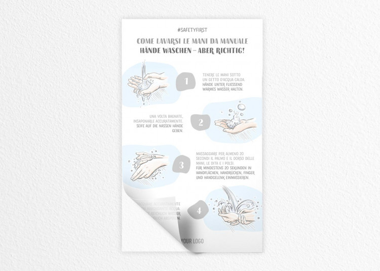 Adesivo 15 x 25 cm | Disegno - Istruzioni come lavarsi le mani (de/it)
