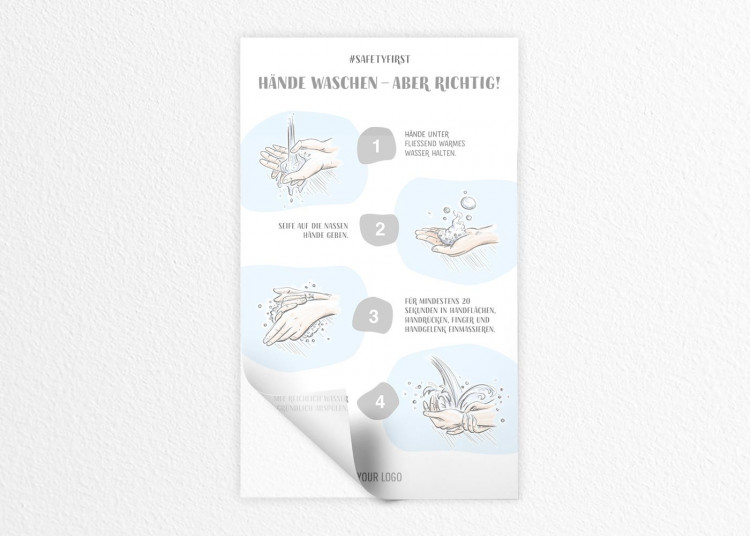 Adesivo 30 x 50 cm | Disegno - Istruzioni come lavarsi le mani (de)