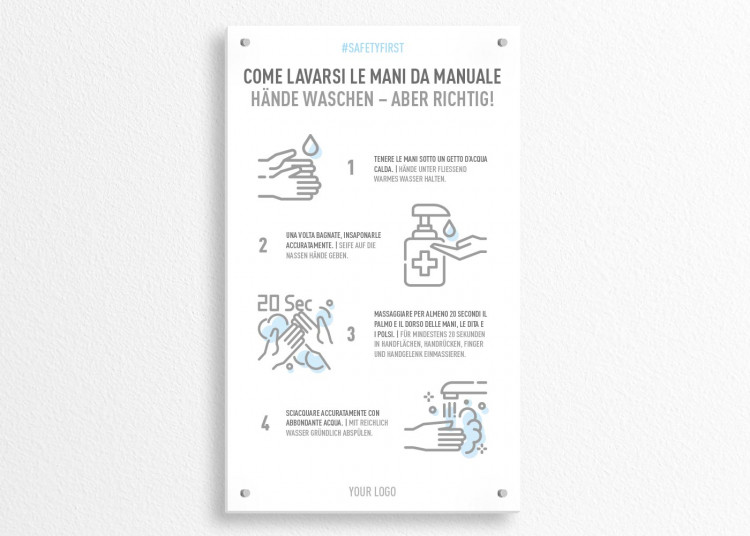 Insegna 15 x 25 cm | Icon - Istruzioni come lavarsi le mani (de/it)