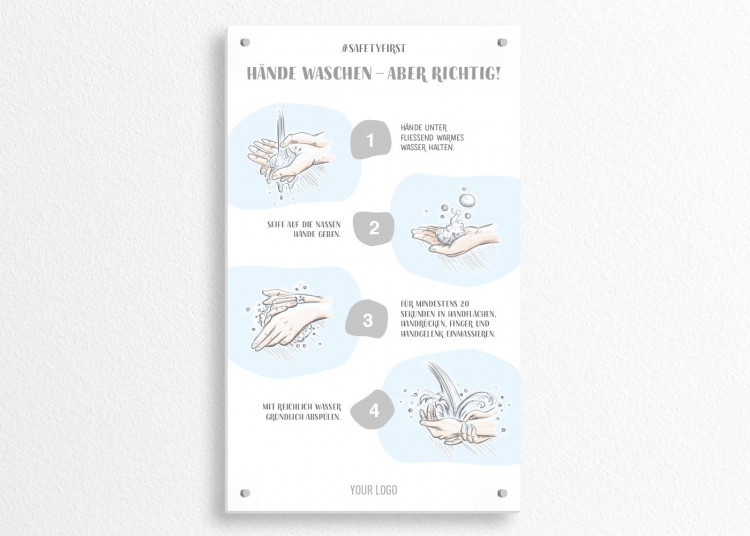 Insegna 30 x 50 cm | Disegno - Istruzioni come lavarsi le mani (de)