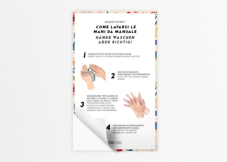 Insegna 30 x 50 cm | Fiore - Istruzioni come lavarsi le mani (de/it)