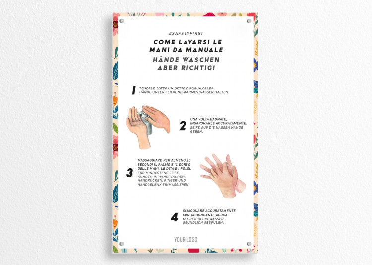 Insegna 30 x 50 cm | Fiore - Istruzioni come lavarsi le mani (de/it)
