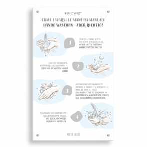 Insegna 30 x 50 cm | Disegno - Istruzioni come lavarsi le mani (de/it)